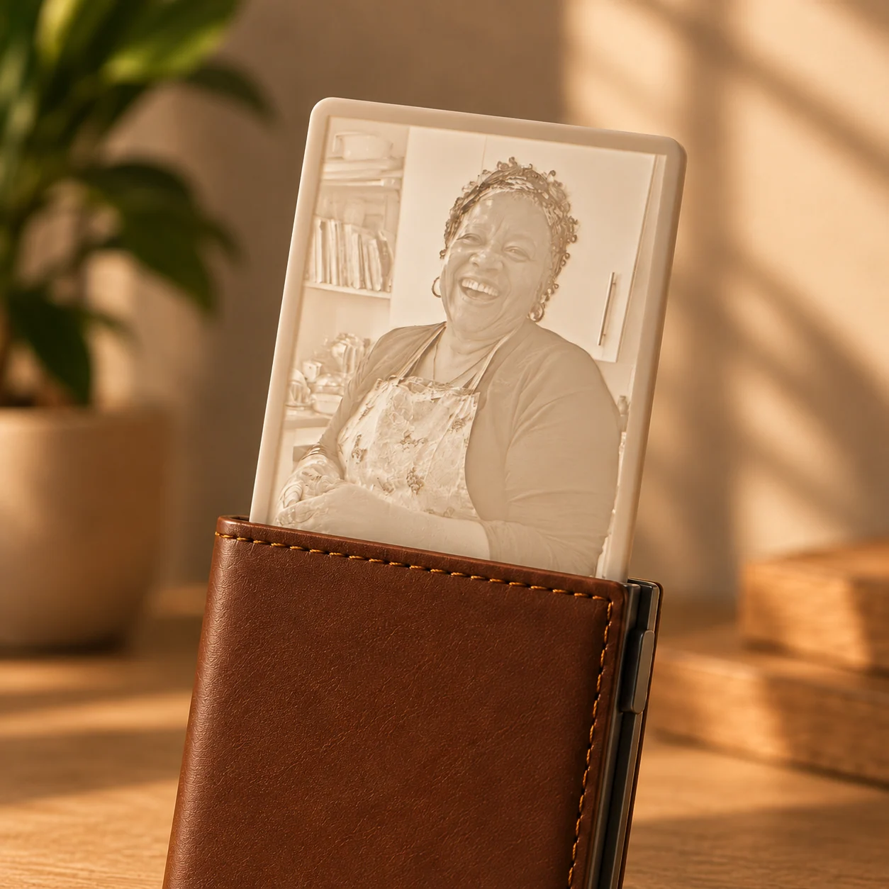 Glimery wallet photo card Glimery wallet photo card with a portrait of an older woman.