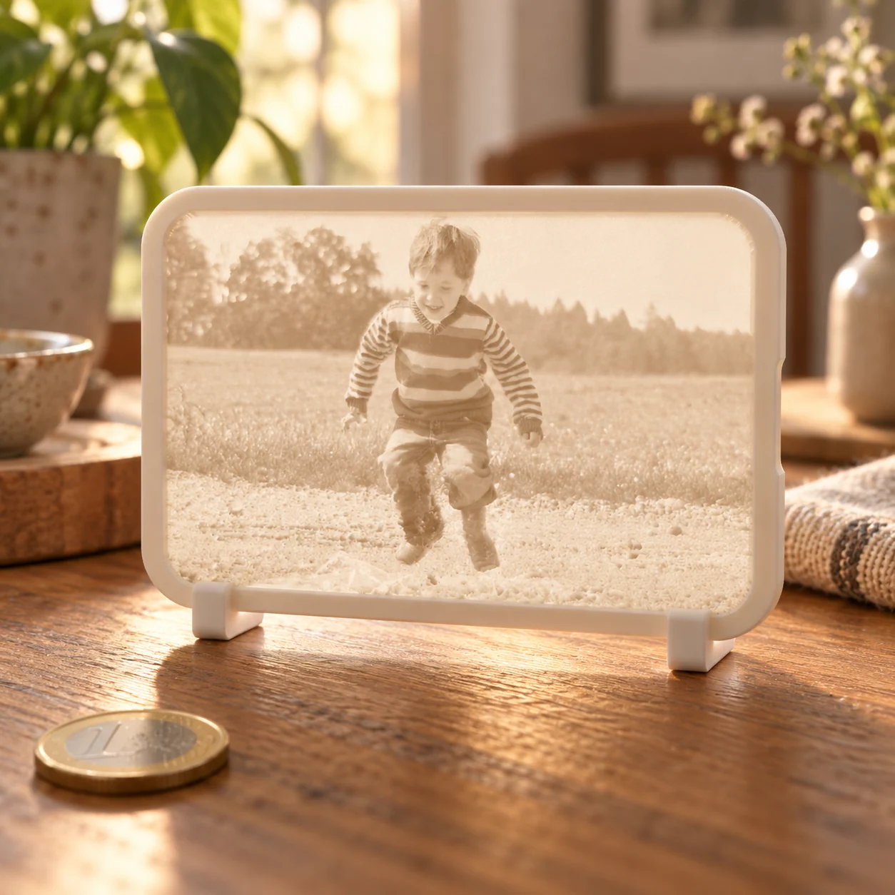 Glimery photo stand - in the light Glimery photo stand with a child’s portrait, backlit to reveal the photo.