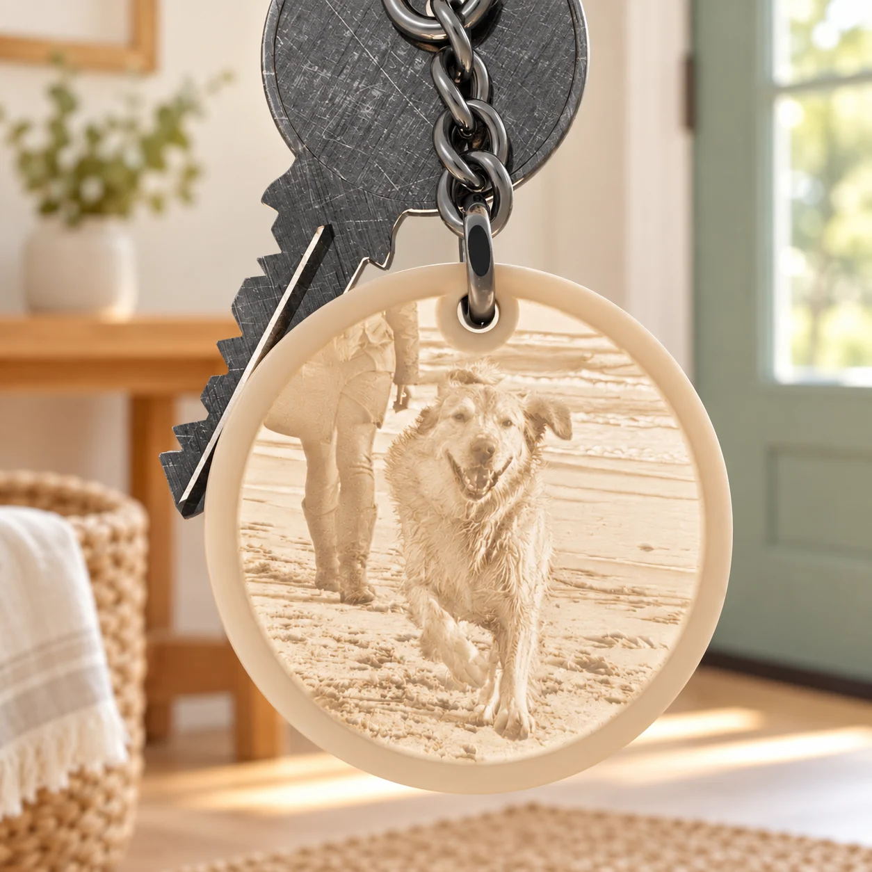 Glimery round photo keychain - in the light Glimery round photo keychain with a dog portrait, backlit to reveal the photo.