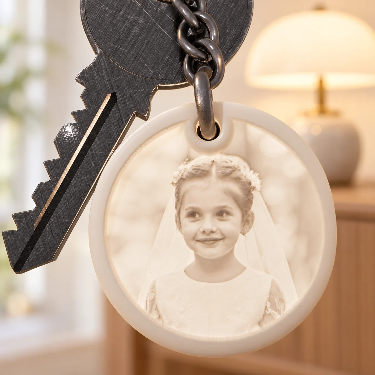 Glimery round photo keychain - in the light Glimery round photo keychain with a child’s portrait, backlit to reveal the photo.