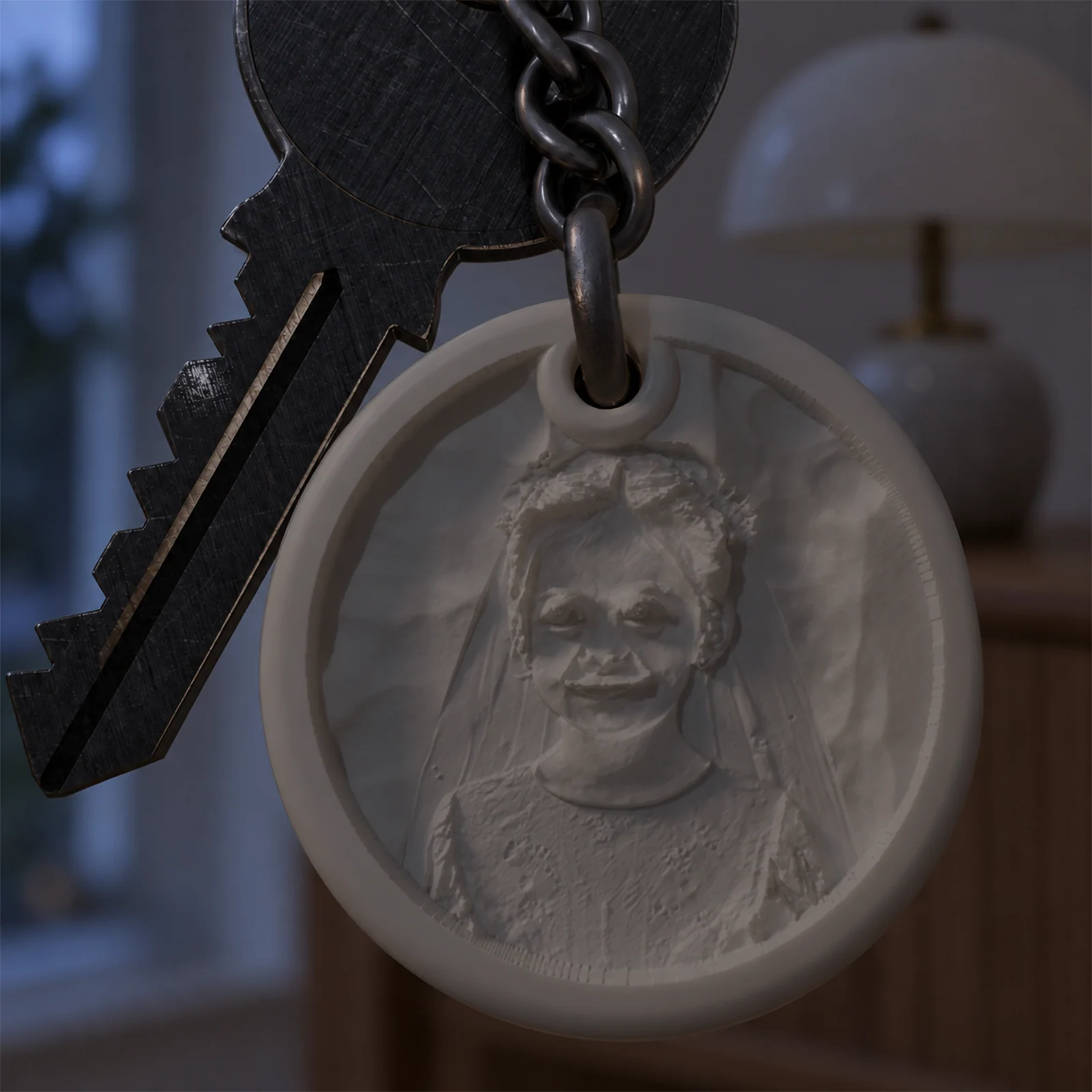 Glimery round photo keychain - without backlighting Glimery round photo keychain with a child’s portrait, without backlighting, showing the raised texture of the photo surface.